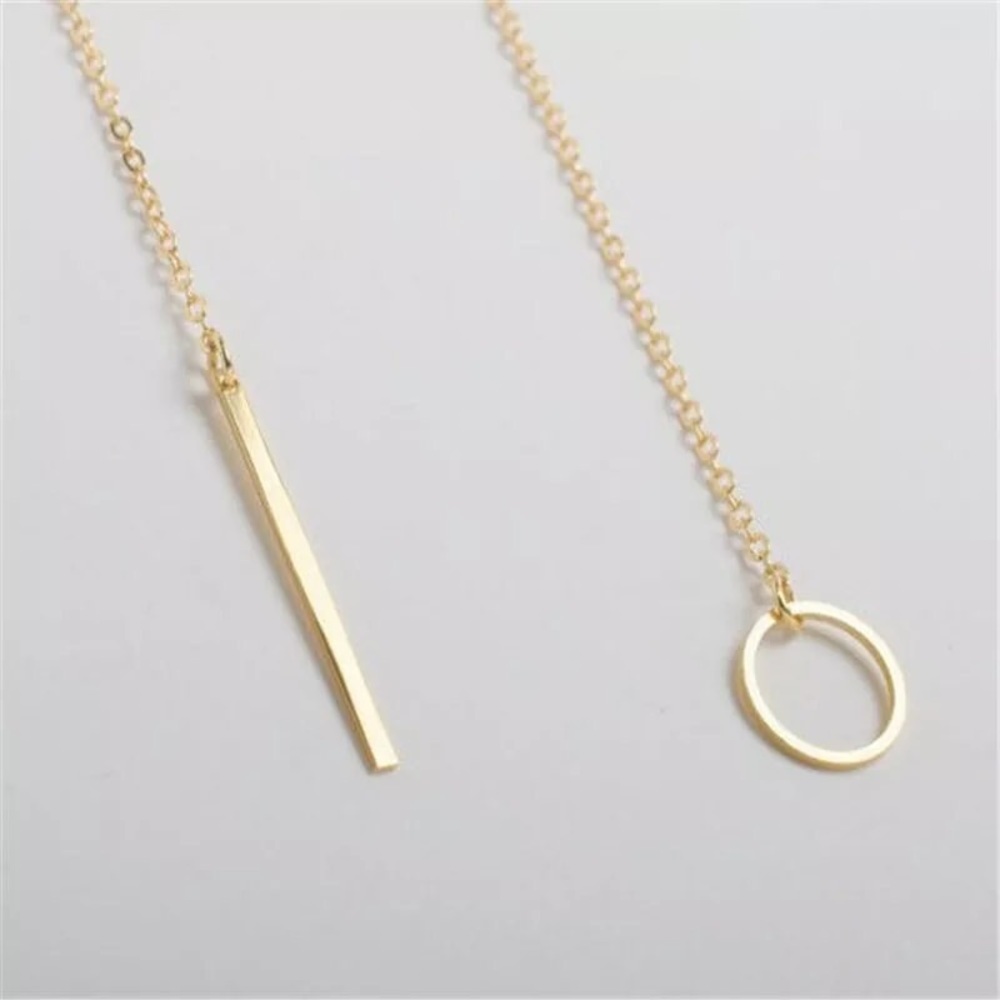 Gold Y Lariat Necklace Minimalist Circle Drop Pendant Dainty Layered - Picture 2 of 3